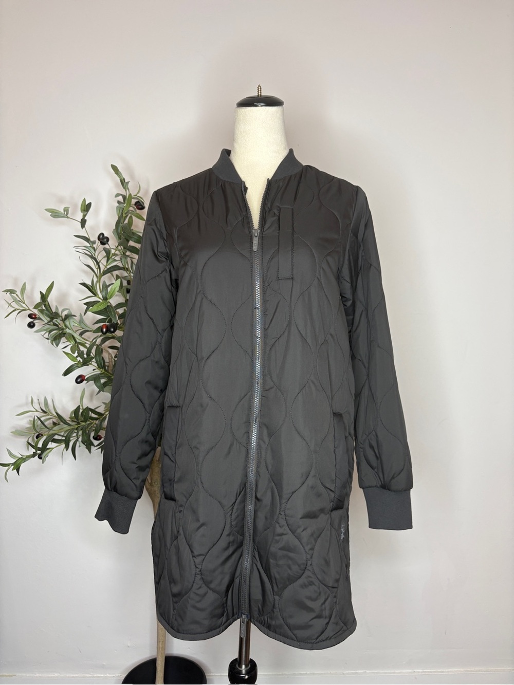 Zella Long Quilted Bomber Jacket Coat - Black